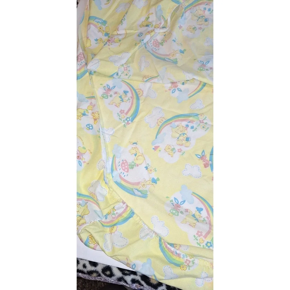 Vtg 1991 rabbit bear Fitted baby Crib Sheet Yellow Rainbow Kendall Company